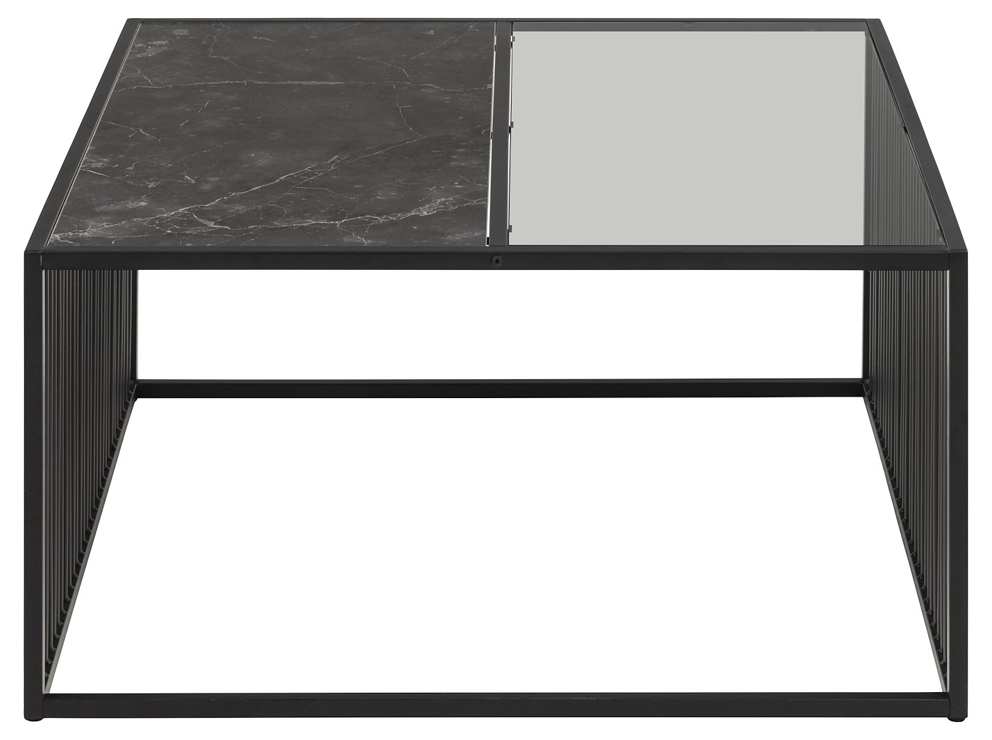 Strington sofabord Sort marmorprint og røykfarget glasstopp med sort trådunderstell. 80x80x40cm
