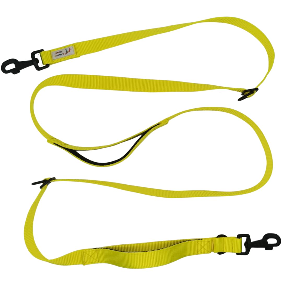 Guia para cães EGV com múltiplas posições e alça dupla de neoprene. Guia para cães que permite o uso com as mãos livres, com 2,5 metros de comprimento. (Amarela)