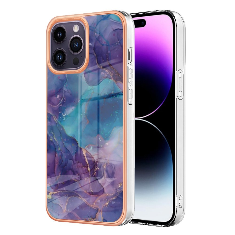 iPhone 14 Pro Gummi Case Hülle Galvanisierter Rahmen Marble Marmor Design - Lila / Blau / Roségold