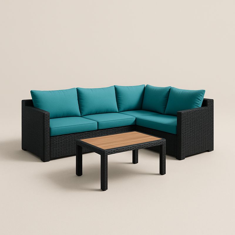 Rattan Ecksofa Set mit Beistelltisch, Kunststoffgewebe, Kissen Polyest