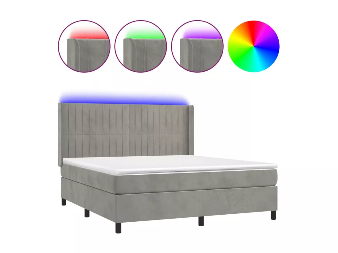 Sommier tapissier matelas et LED Gris clair 180x200 cm Velours