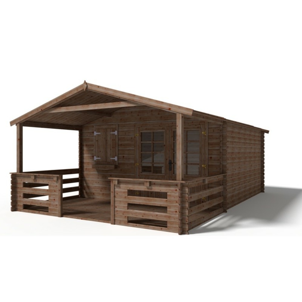 Abri de jardin en bois - 4x3 m - 20 m2 + terrasse avec balustrade et avant-toit en bois - traité
