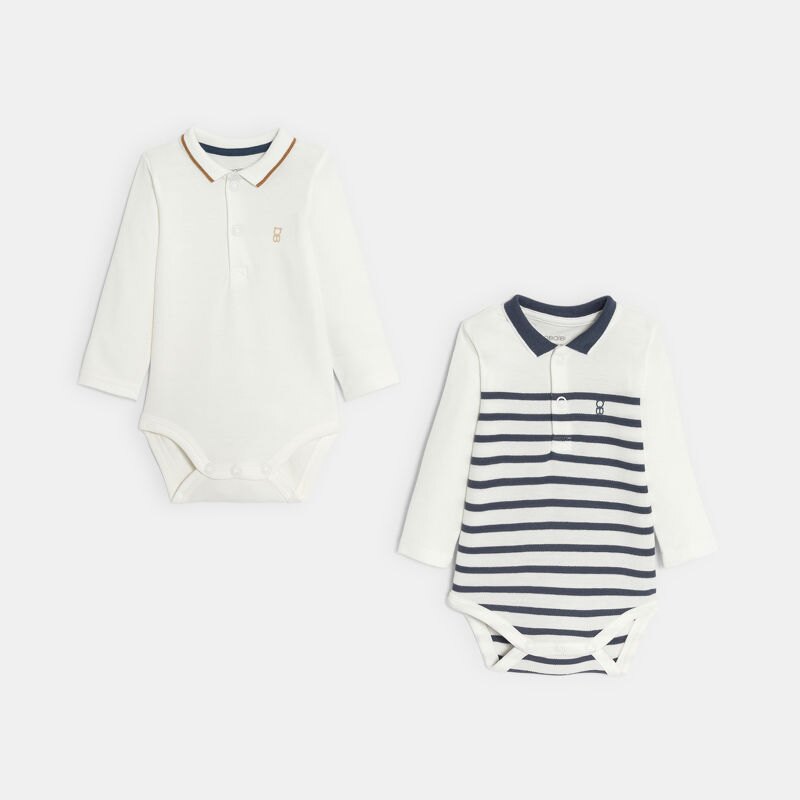 Body coton piqué col polo blanc bébé garçon (lot de 2) Bleu