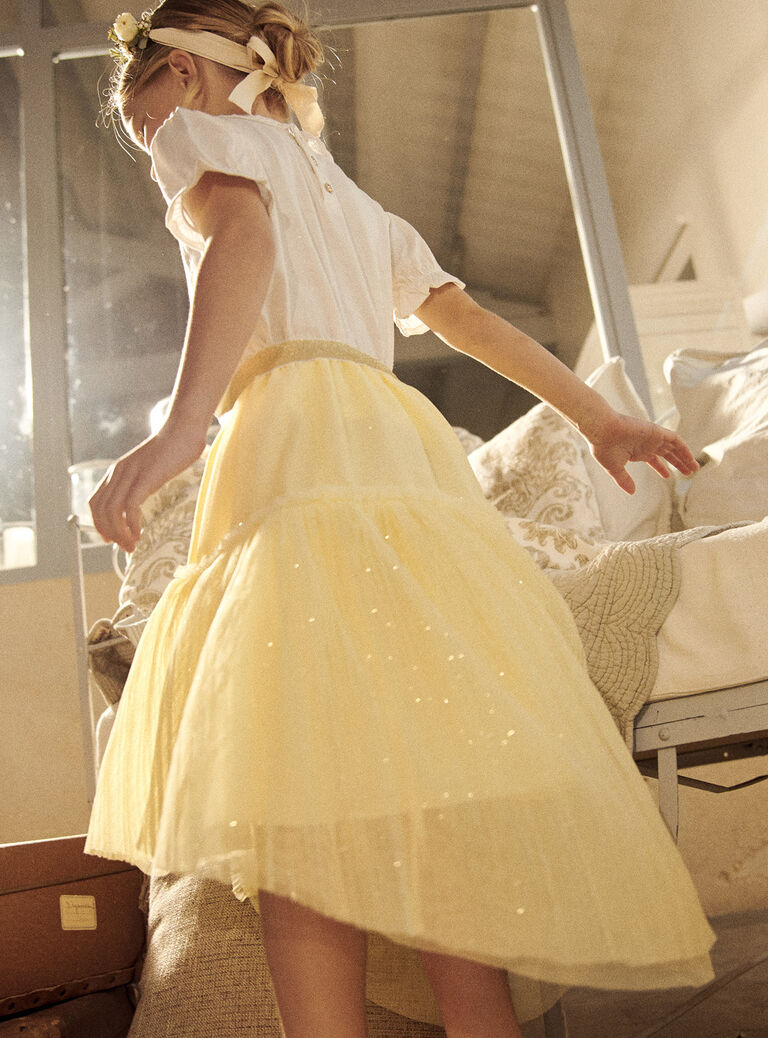Jupe jaune asymétrique en tulle paillettée