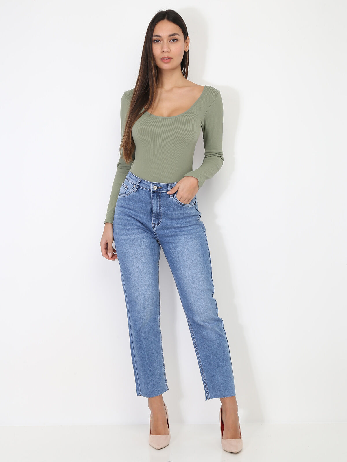Jeans droit délavé- Bleu