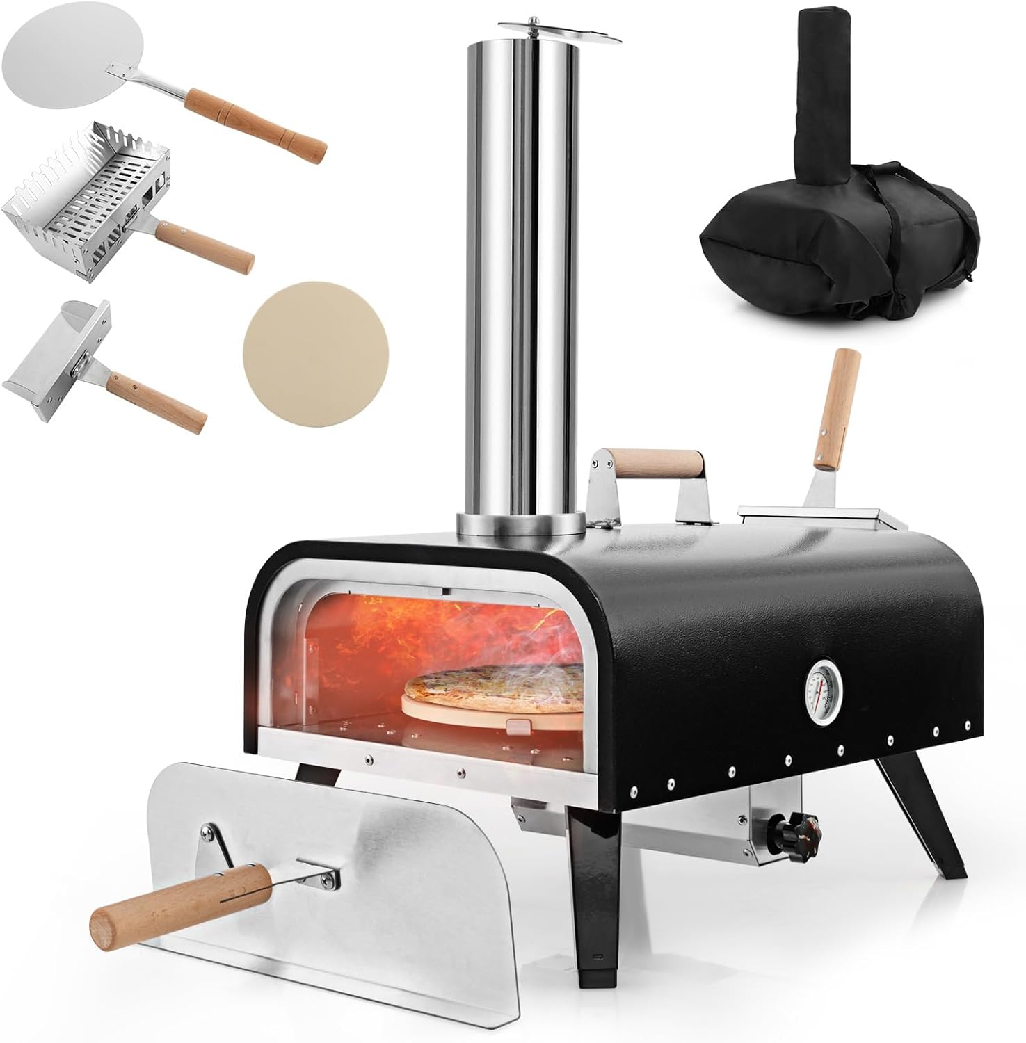 COSTWAY Outdoor Pizzaofen, tragbarer Pizza Ofen aus Edelstahl mit Pizzastein, Pizzaschaufel, Thermometer, klappbaren Beinen & Tragetasche, für Picknick, Party, Camping