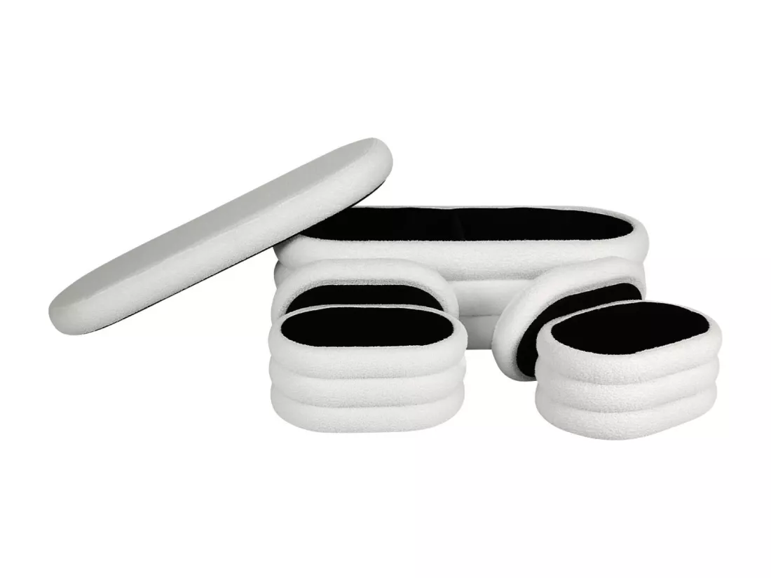 Banc coffre en bouclettes blanches avec 2 poufs ovales de rangement intégrés - L111cm