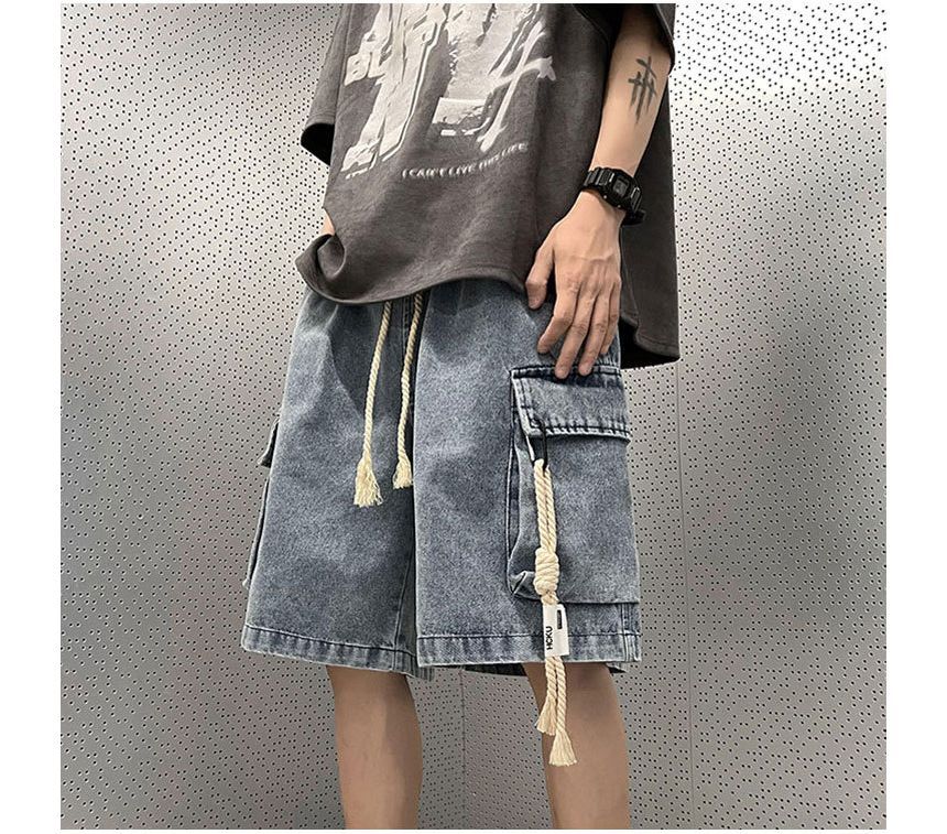 Femilina - Gewassen denim cargoshorts met trekkoordtaille