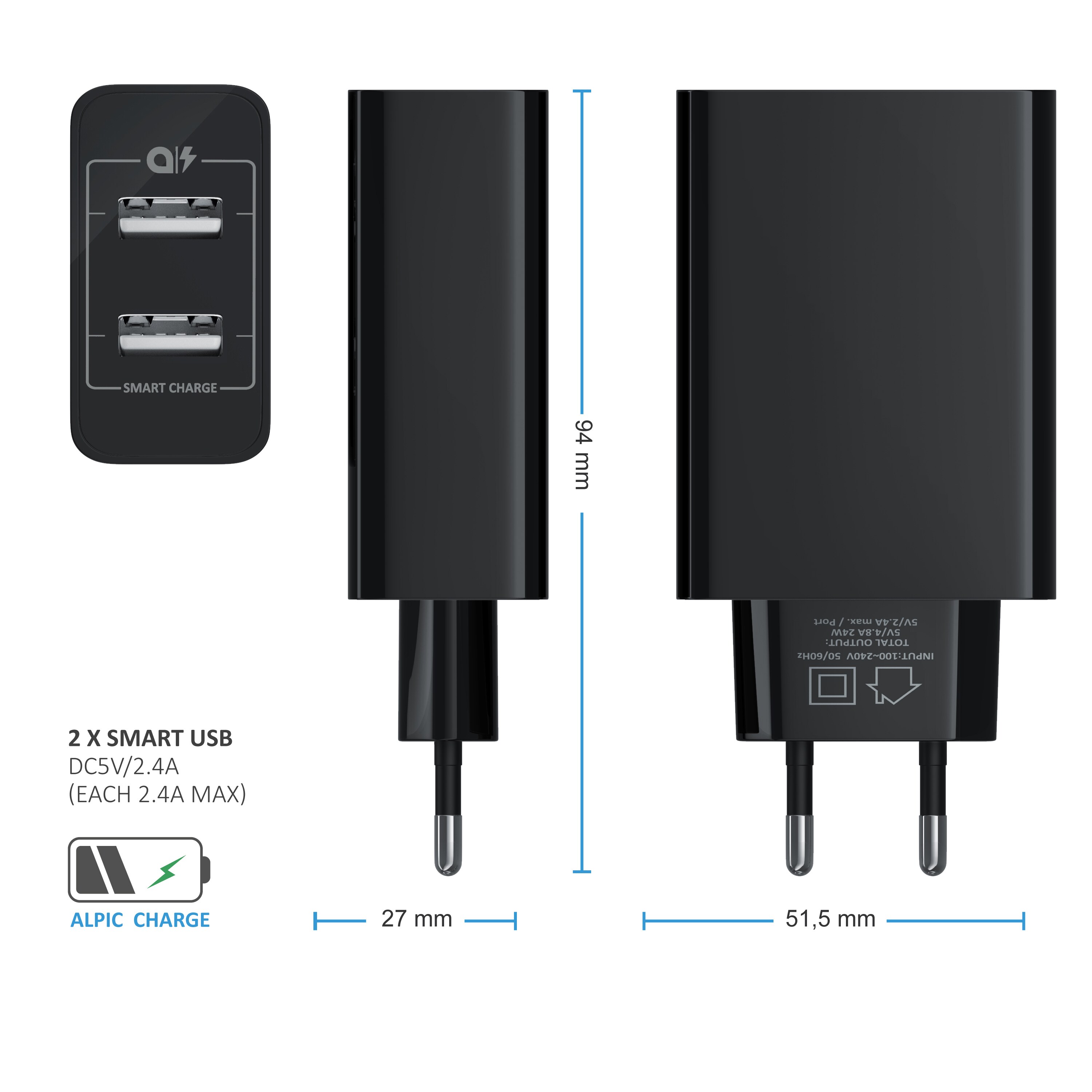 Aplic USB-Ladegerät 4800 mA, 2 Port Nezteil mit Smart Charge + Solid Charge, Leistungsstarke 24W