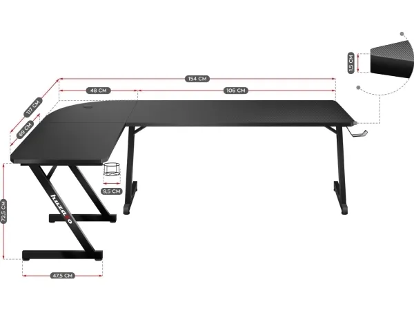 Huzaro Hero 7.0 - Skrivebord - L-formet - aluminium/kulfiber - sort base