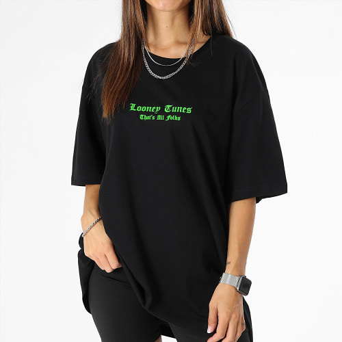 Tee Shirt Oversize Large Femme Angry Taz Noir Vert Fluo