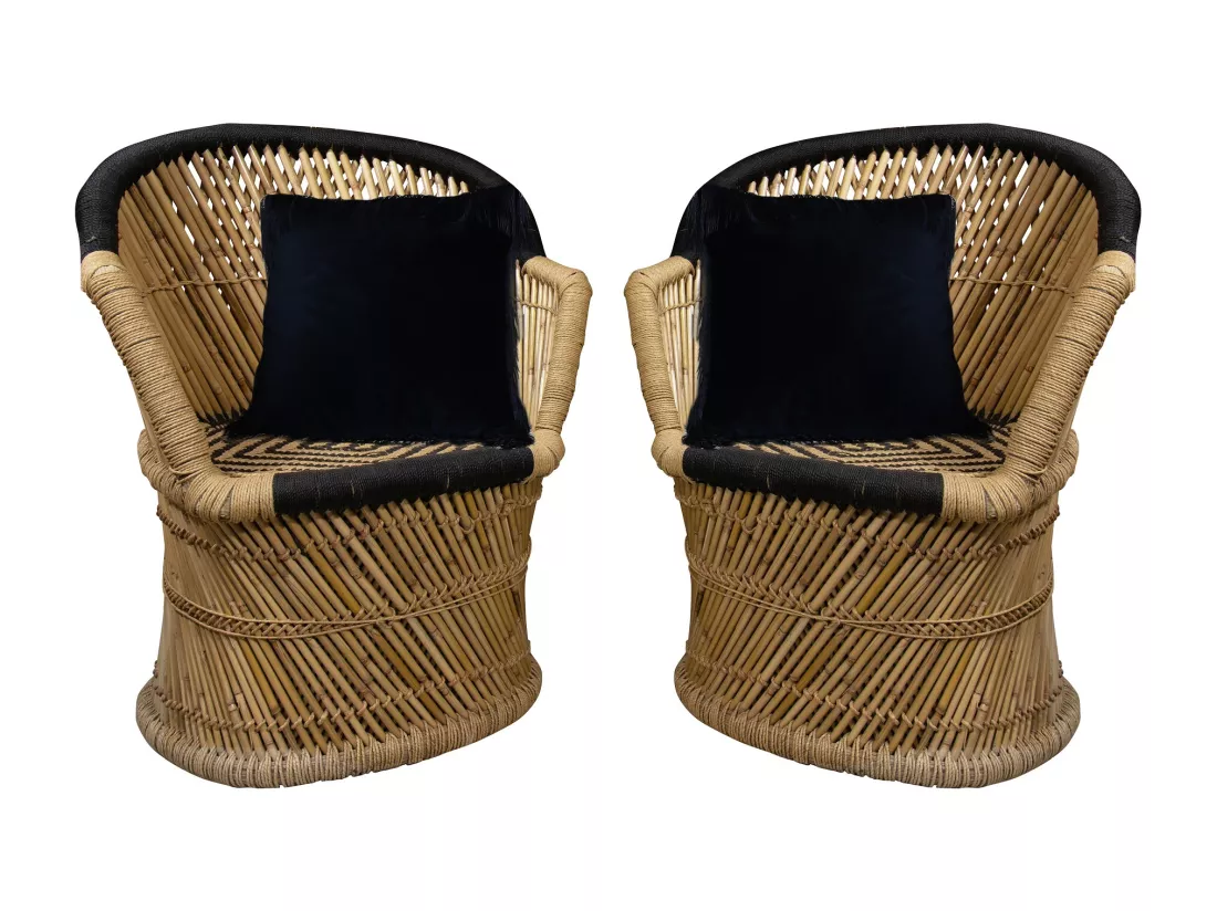 Now's Home - Lot De 2 Fauteuils En Bambou Naturel Et Noir Avec Deux Coussins Noirs
