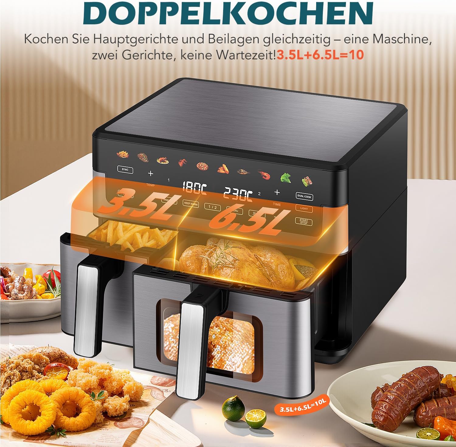 Airfryer Dual Basket 10L 2 Körbe 2 Gerichte Gleichzeitig Fertig Weniger Fett Energieeffizient Einfache Reinigung Airfryer - Digitaler Touchscreen Beleuchtetes Sichtfenster Silber&Schwarz