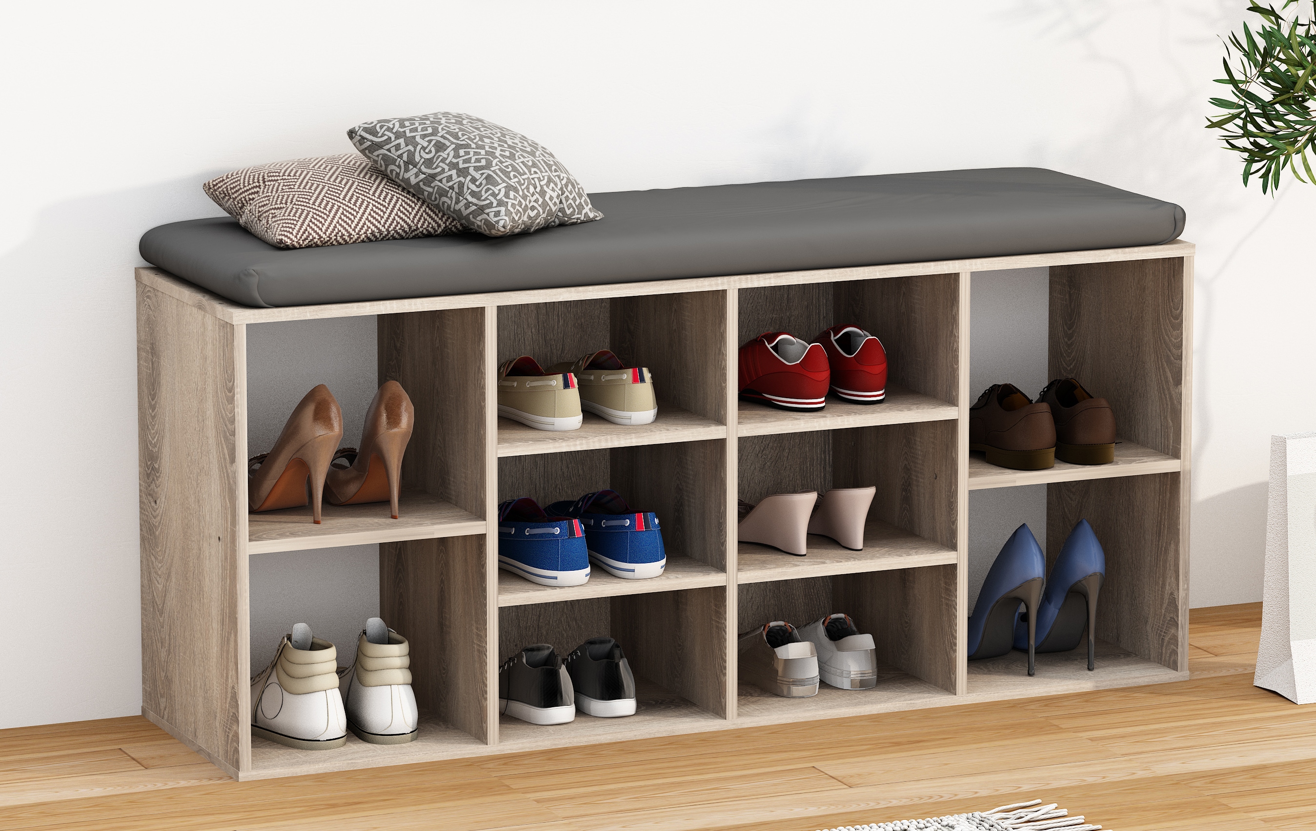 VCM Holz Sitzbank Schuhschrank Schuhregal Schuhkommode Sitzkommode 10 Fächer Hinsol S