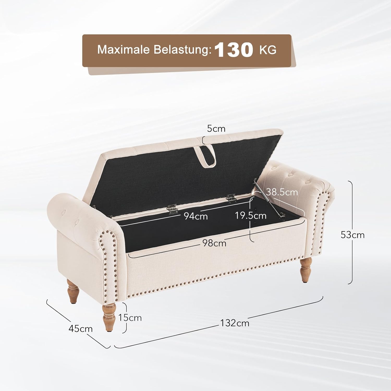 Sitzbank mit Stauraum, Bettbank Aufbewahrungsbox Fußbank 132 x 45 x 53 cm, Polsterbank mit Beinen für Wohnzimmer Schlafzimmer Flur, Beige