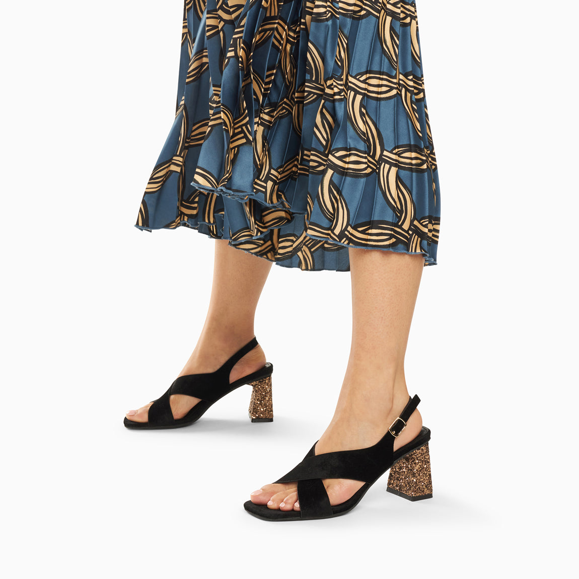 Sandales à talon, Compensées-Sandales Milan noires à brides croisées et talon bronze pailleté