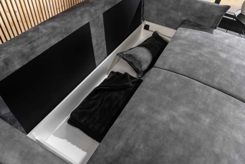 Design Schlafsofa APARTMENT 215cm grau Samt 3-Sitzer Couch inkl. Bettkasten Kissen