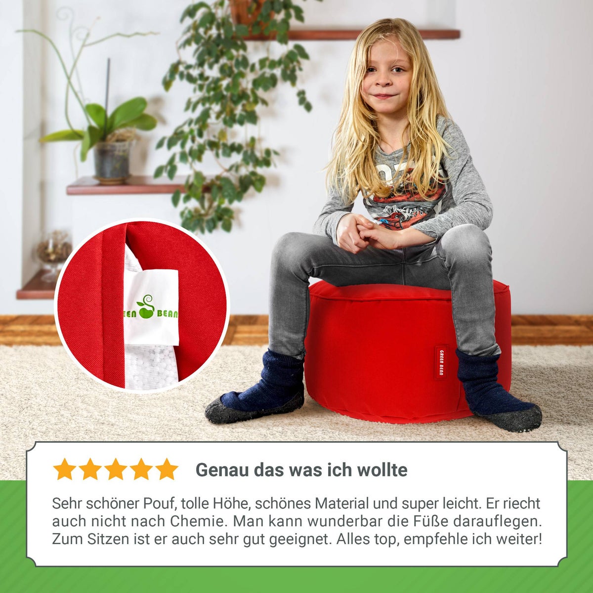Groene Bonen Zitzak Kruk 45x25cm met EPS-korrelvulling - Voetenbank Voetkussen Zitpoef voor Zitzakken - Vloerkussen voor Kinderen en Volwassenen - Voetsteun Zitkussen Zitkruk Rood
