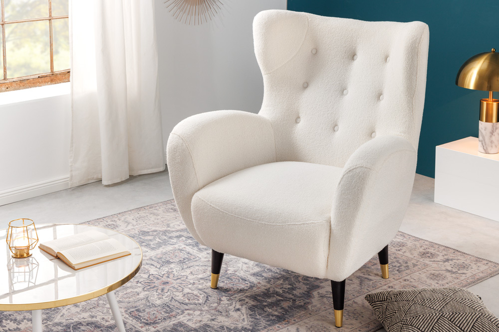 Retro Design Sessel DON weiß Bouclé Federkern goldene Fußkappen