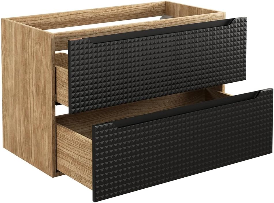 Lomadox Badmöbel Set 3-teilig mit 90 cm Waschtisch in Eiche mit schwarz, grifflose 3D-Front, Keramik-Aufsatzwaschbecken