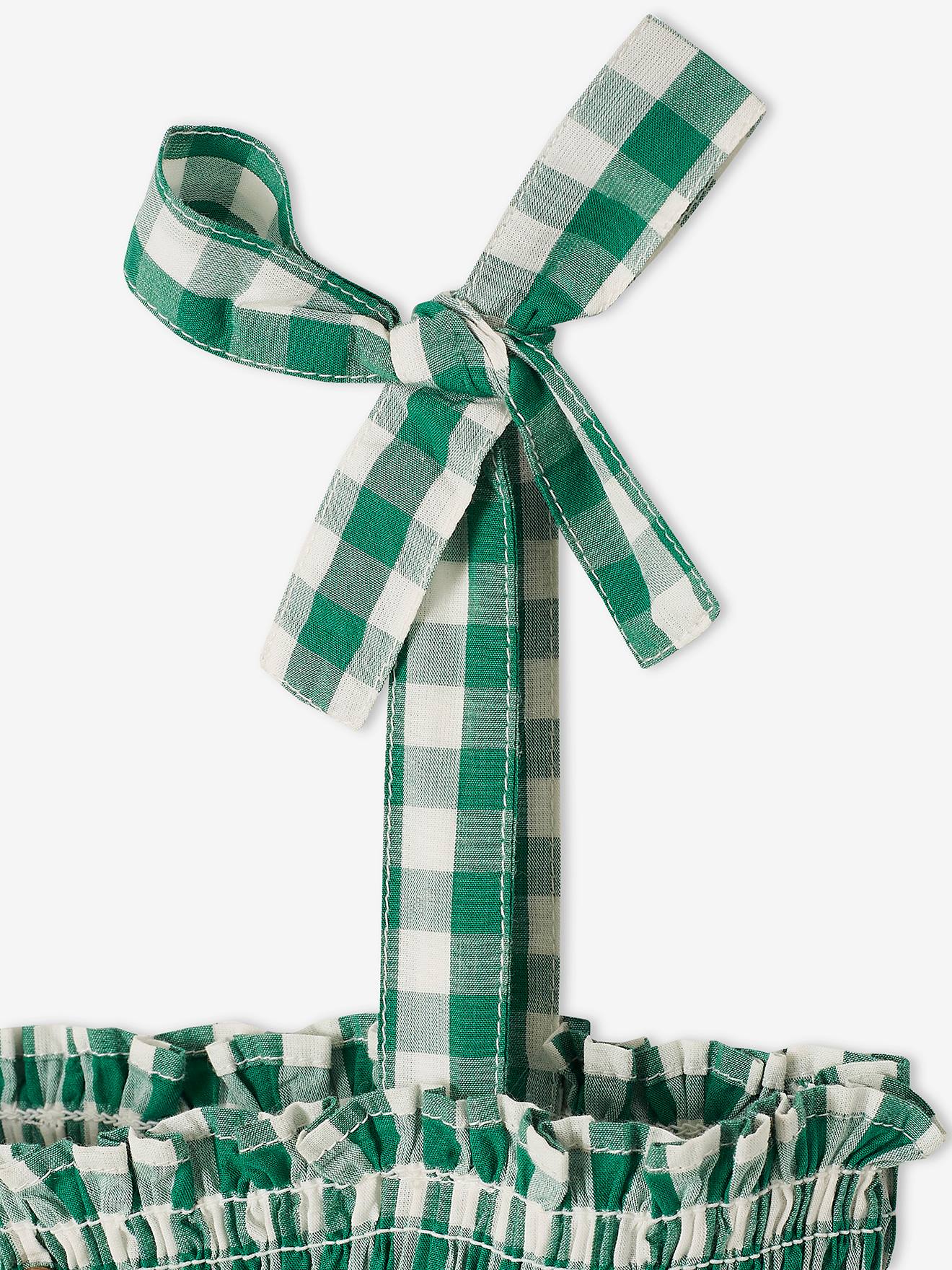 Vestido longo com detalhes franzidos, para menina, xadrez verde médio.