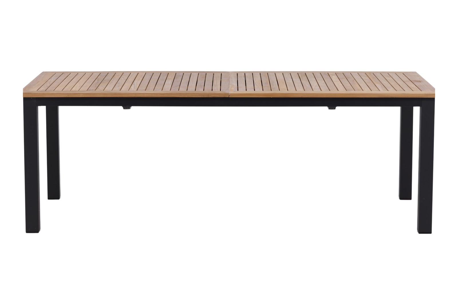 Panama spisebord Hagebord med sortlakkert aluminiumsunderstell, teak bordplate med utrekk. Ileggsplate er inkludert. 224/324x100 cm