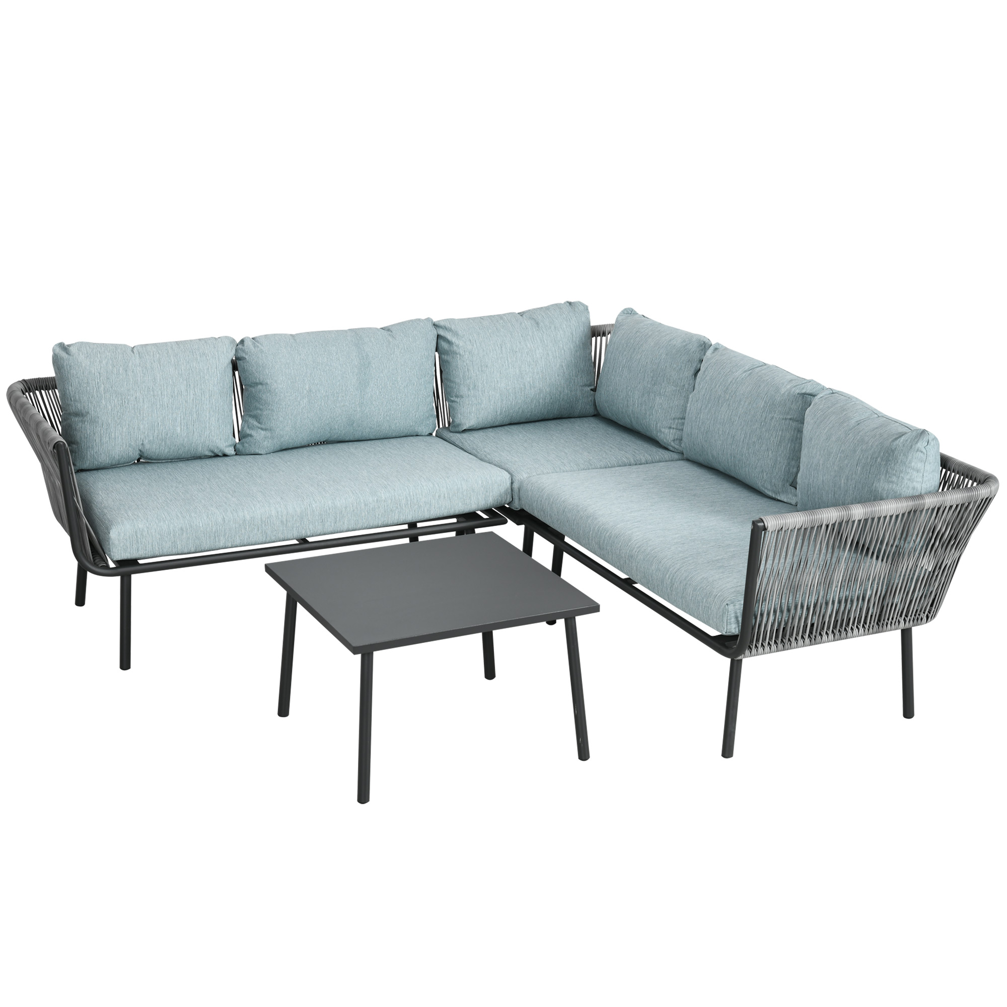 Conjunto de Móveis de Rattan Outsunny de 4 Peças, Conjunto de Móveis para Jardim, Sofá de 2 Lugares, Sofá de Canto, Mesa de Centro com 6 Almofadas Acolchoadas e Estrutura de Alumínio para Varanda ou Terraço, Cinza