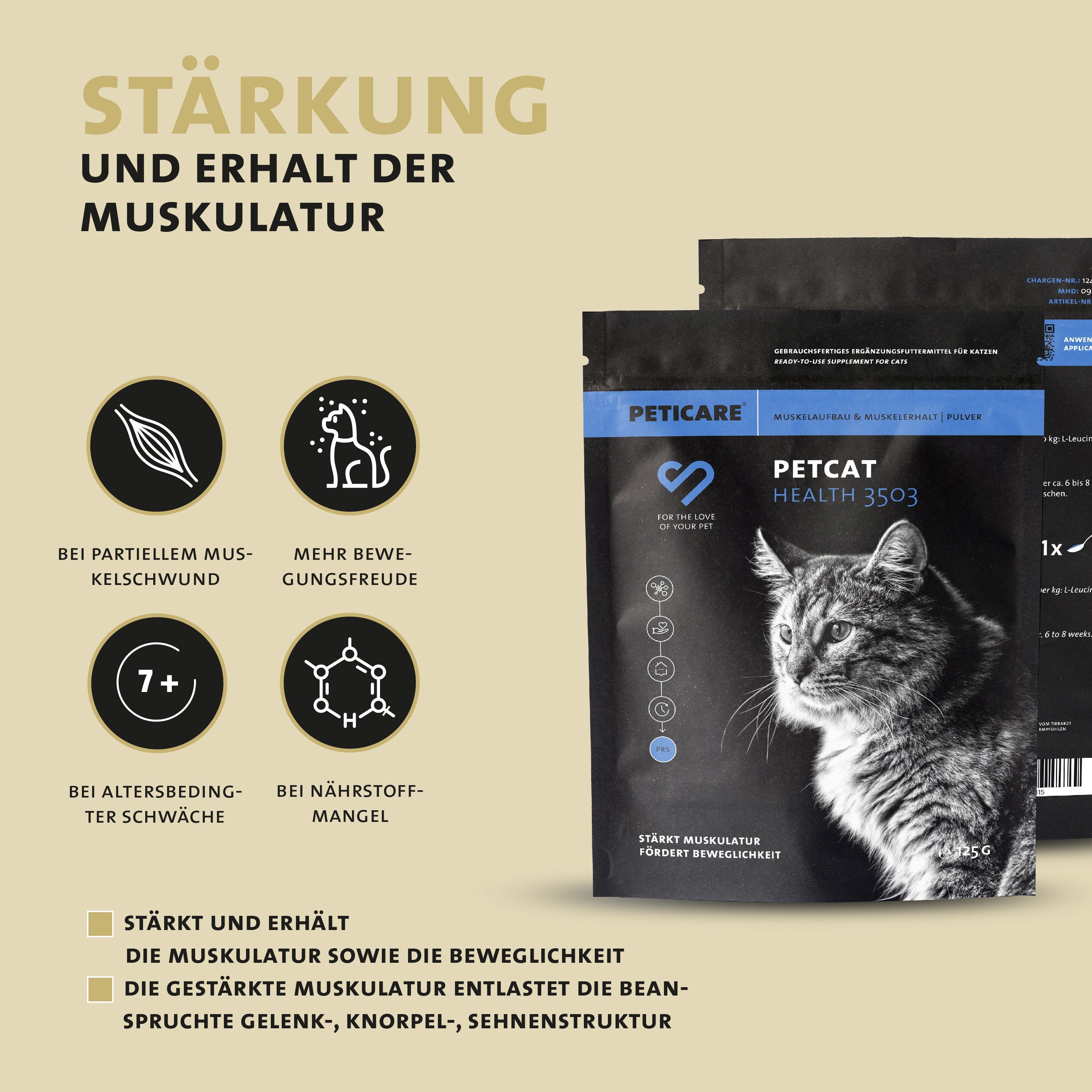 Peticare Muskulatur Pulver für Katzen, mit essenziellen Aminosäuren, Kollagen