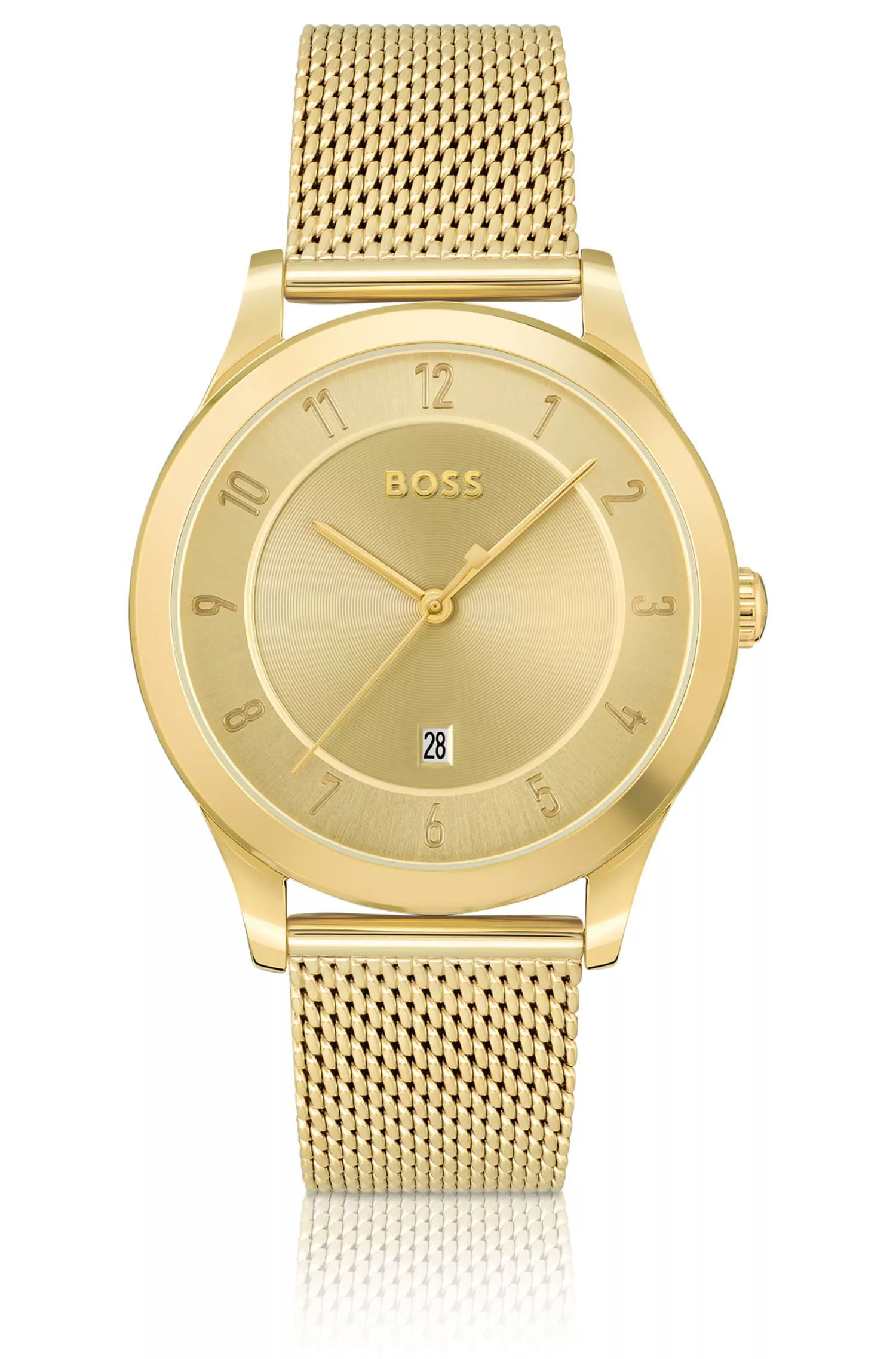 Relógio BOSS com efeito preto e dourado e mostrador tonal.