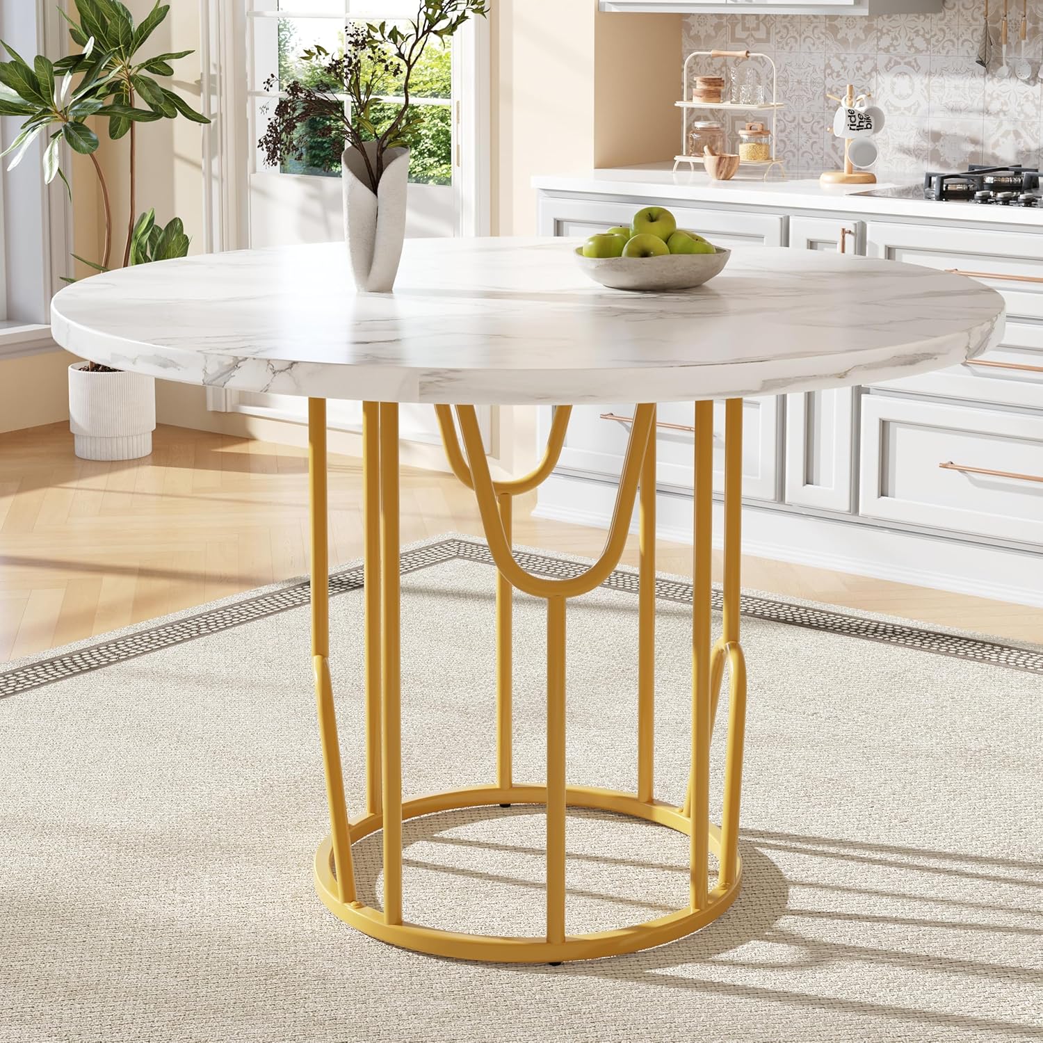 Runder Esstisch 80cm weiß mit Marmoroptik und goldfarbenen Metallbeinen, Küchentisch & Esszimmertisch für 4-6 Personen, moderner runder Tisch mit stabilem Design