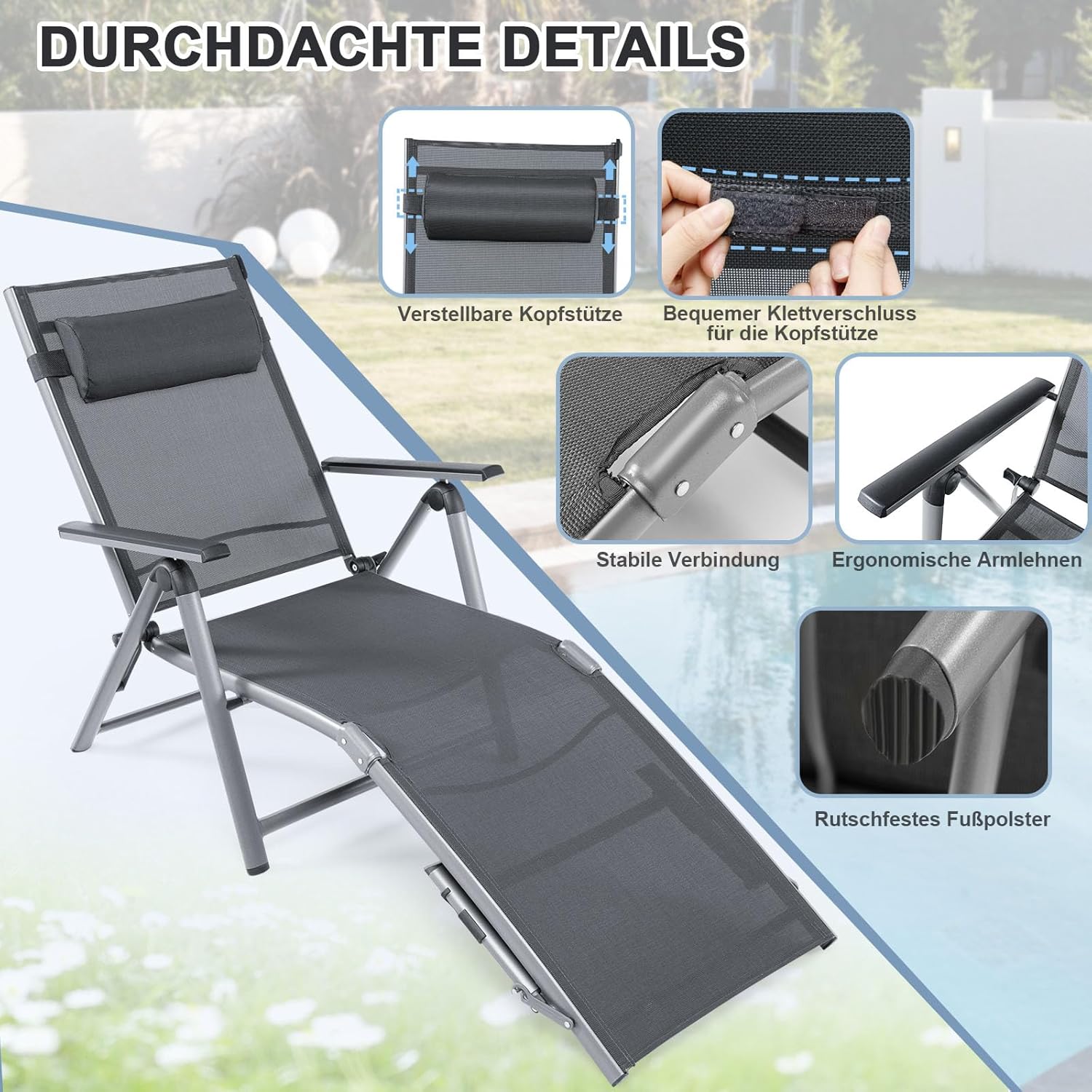 GOPLUS Sonnenliege klappbar, 180cm Gartenliege aus Aluminium bis 110kg Belastbar, Liegestuhl mit Verstellbarer Rückenlehne & Fußstütze, Relaxliege Garten mit Kissen für Outdoor Strand Balkon