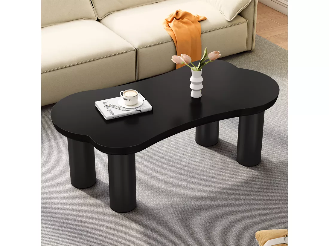 Table basse irrégulière en forme d'os, plateau en MDF et pieds en PVC, table basse unique avec sous-couches en feutre, dimensions : 113 cm de longueur, 58 cm de largeur, 40,5 cm de hauteur