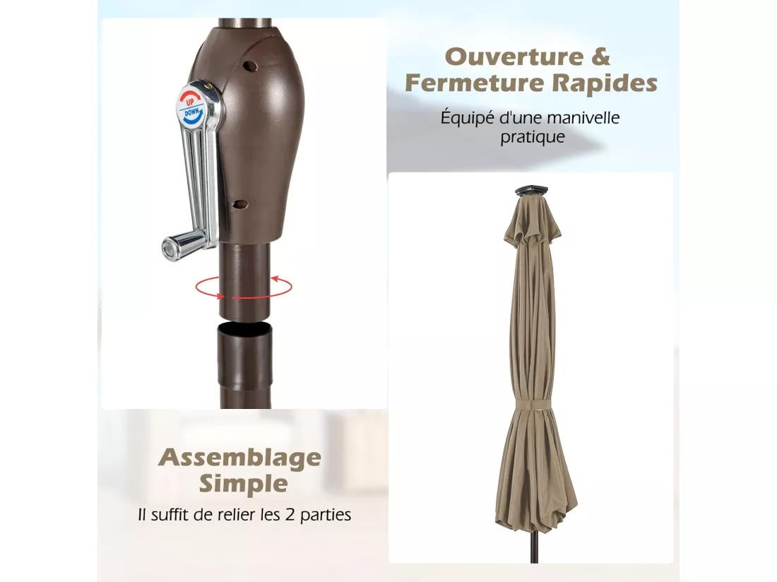 Parasol de Jardin Extérieur Ø 300 CM, Parasol Inclinable Lumineux Solaire avec 24 LED, Parasol Droit avec Manivelle et 8 Baleines Métalliques Robustes, pour Balcon Jardin Terrasse (Brun)