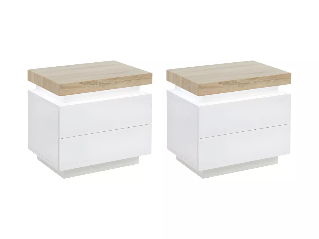 Lot de 2 tables de chevet - 2 tiroirs - MDF Laqué - Avec LEDs - Coloris : Blanc et chêne - HALO II