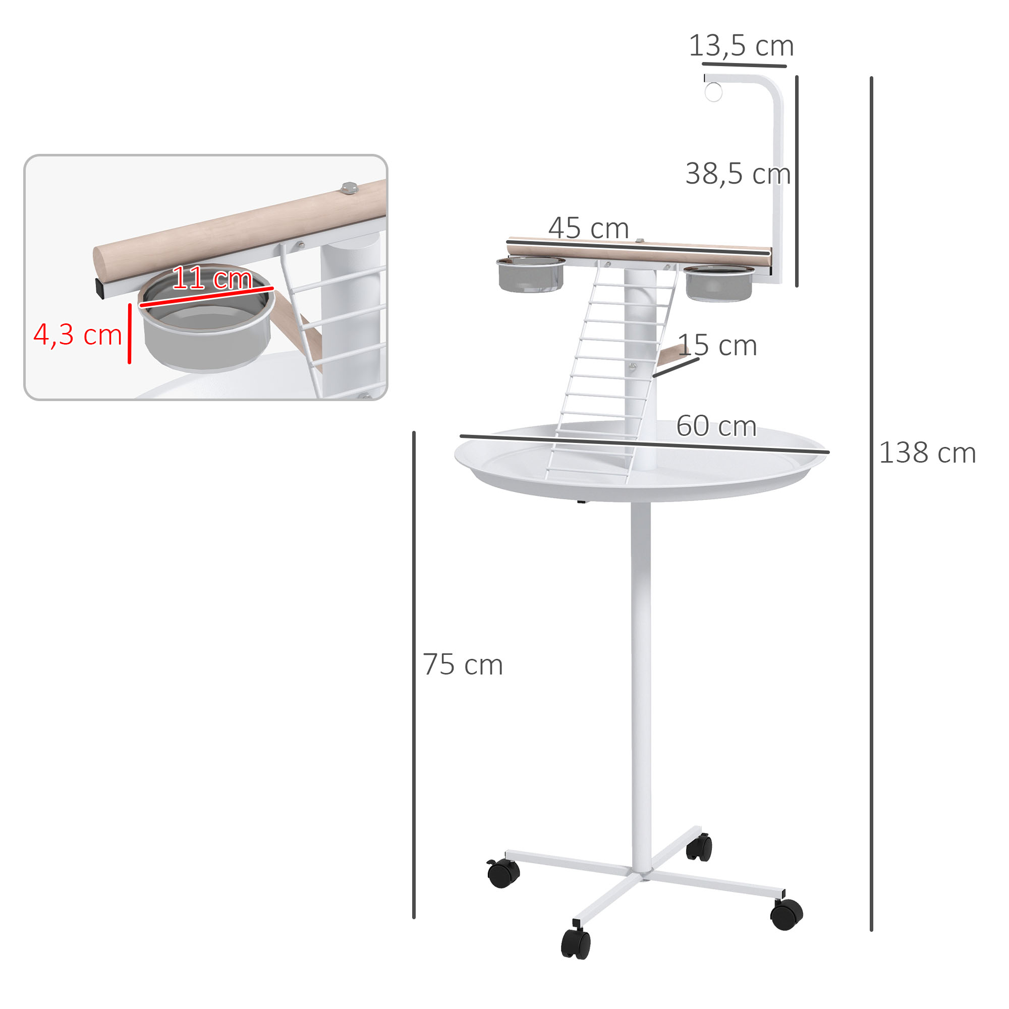 Alimentador de pássaros PawHut para exterior com rodas, Ø60x138 cm, com 2 tigelas de aço inoxidável e 2 poleiros, branco.