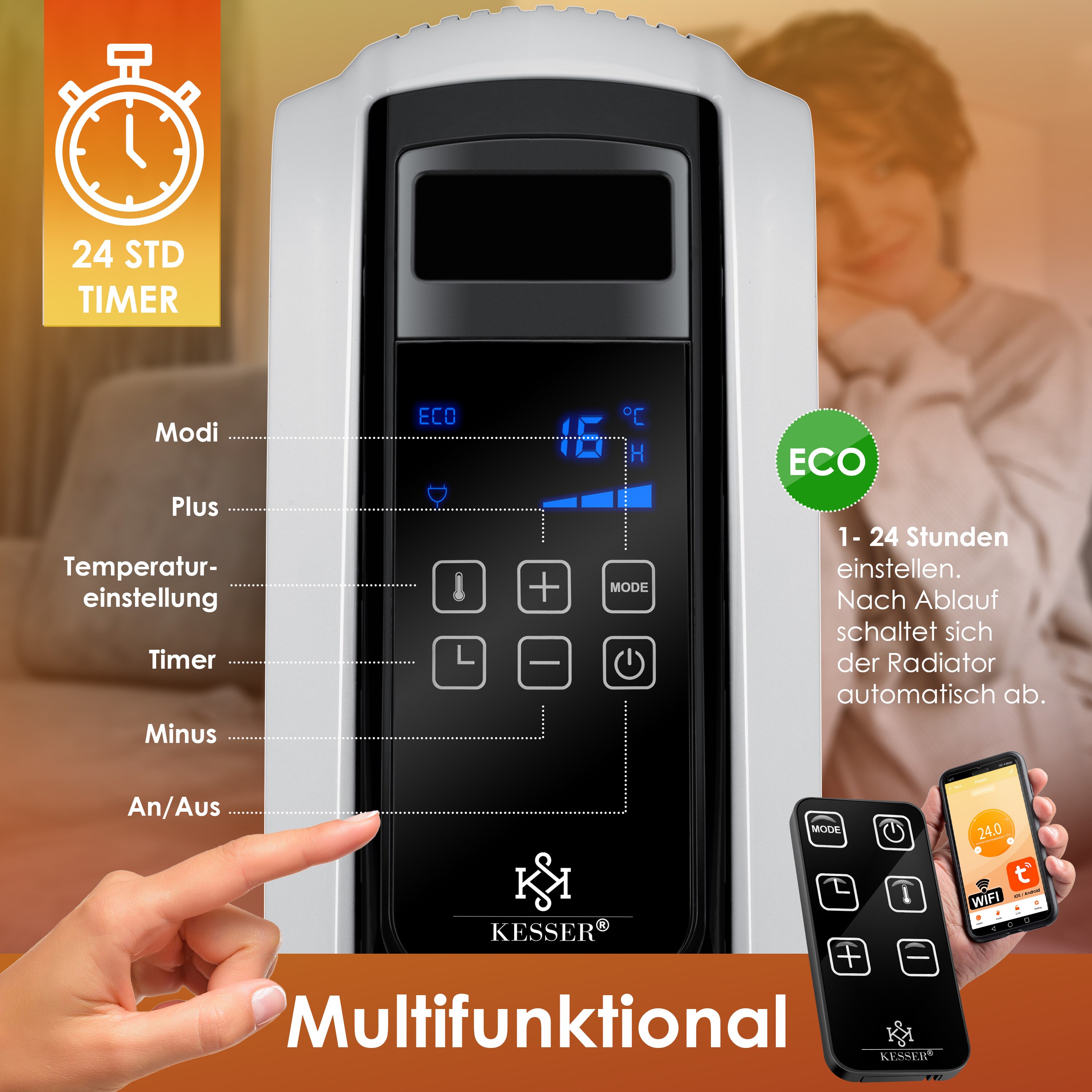 KESSER® Ölradiator mit WiFi App & Fernbedienung digitalem Display- elektrischer energiesparender Heizkörper mit 10 Rippen, Timer Zeitschaltuhr, 4 Heizstufen, Thermostat, Weiß