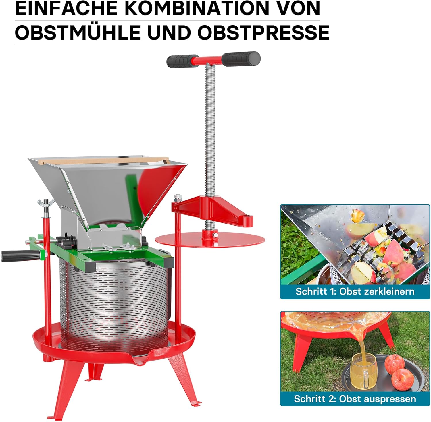 Wiltec Spindelpresse 14 L Obstpresse aus Edelstahl 66x58x47cm, einfach zu reinigen zum Herstellen von Apfelsaft Obstsaft Beerenpresse Weinpresse