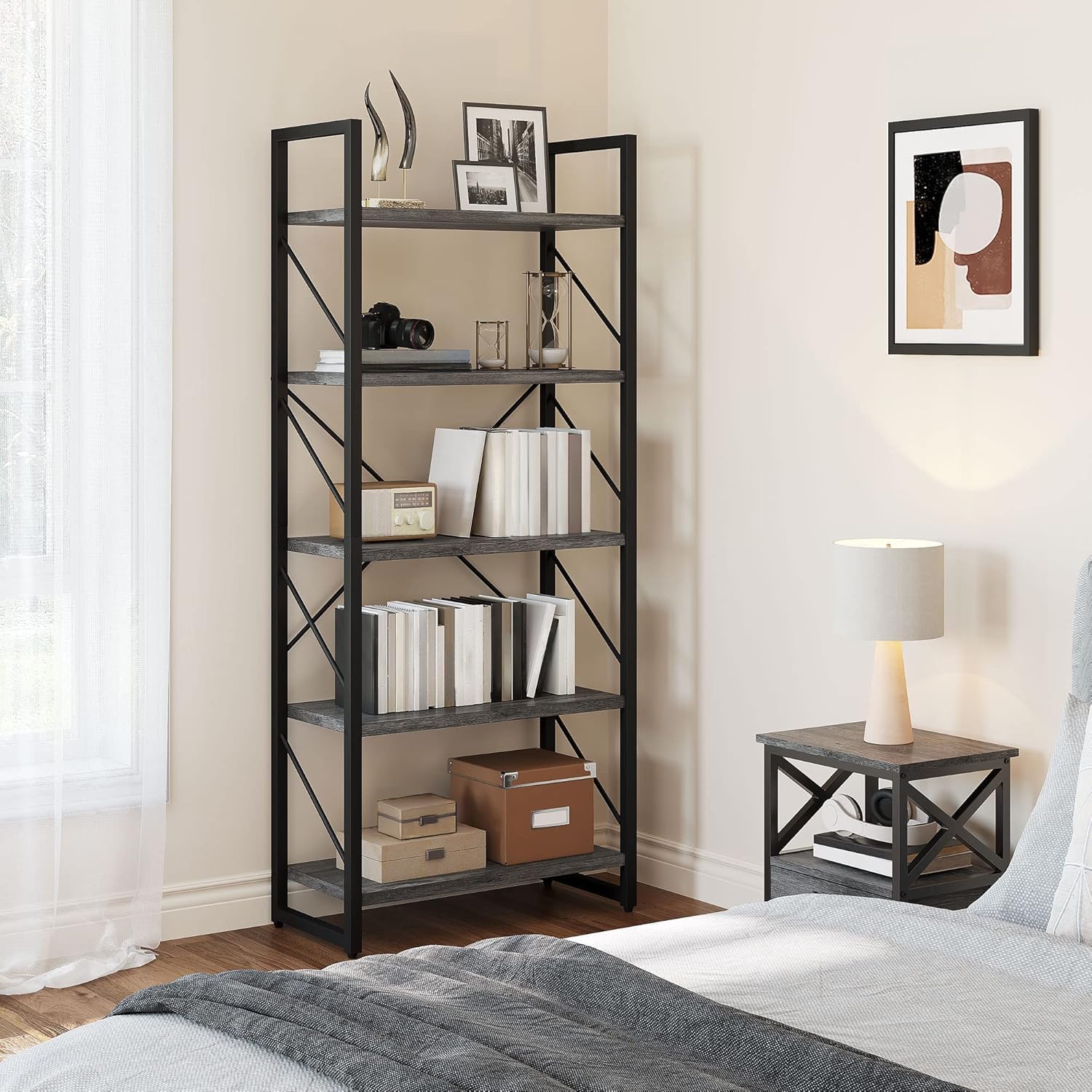 YITAHOME 5 Etagen Bücherregal, industrielles kunstvolles graues Bücherregal, Bücherregal, Bücherregal, Aufbewahrungsregal, Bücherhalter, Organizer für Bücher, Filme im Wohnzimmer, Heimbüro,