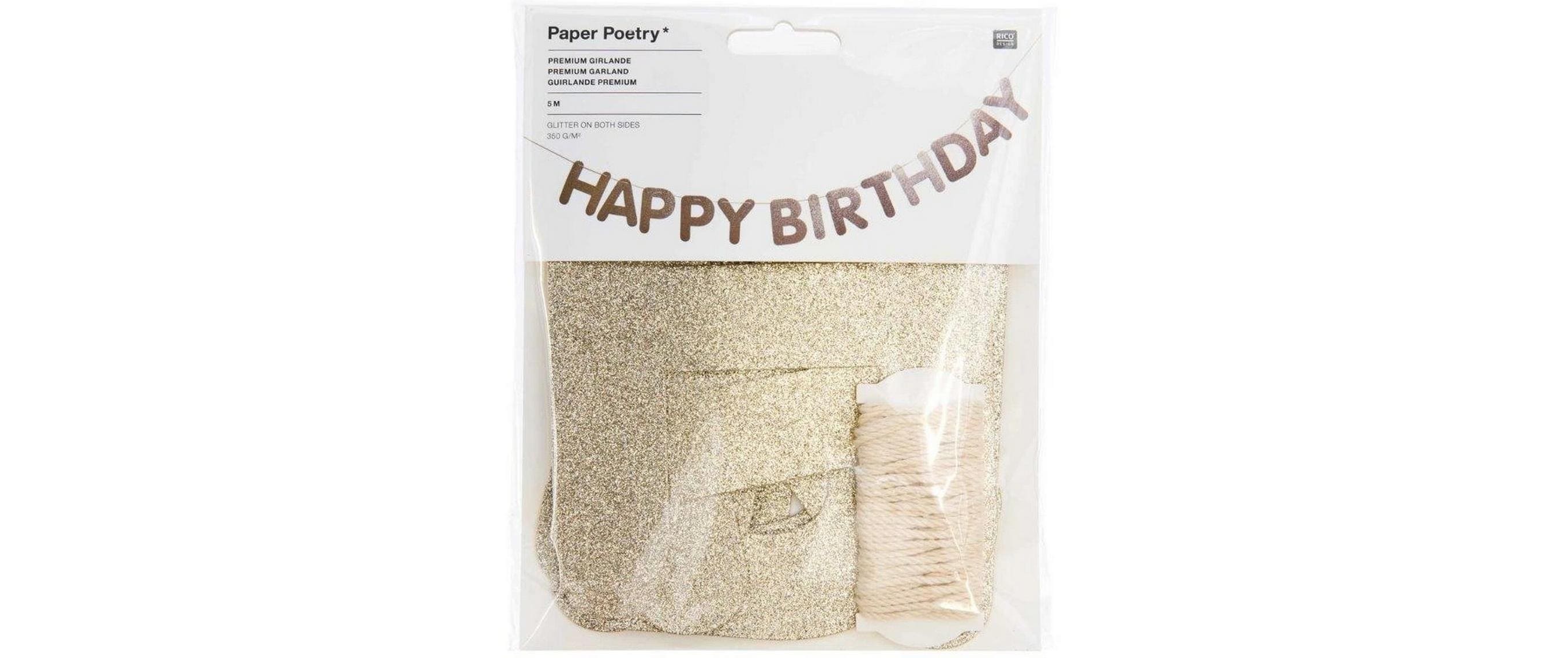 Girlande Happy Birthday, Glitter GoldDekorative Papiergirlande zum Geburtstag