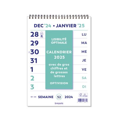 Optivision Wire-O - Calendrier 1 semaine sur 2 pages - caractères agrandis - 21 x 29,7 cm - Brepols
