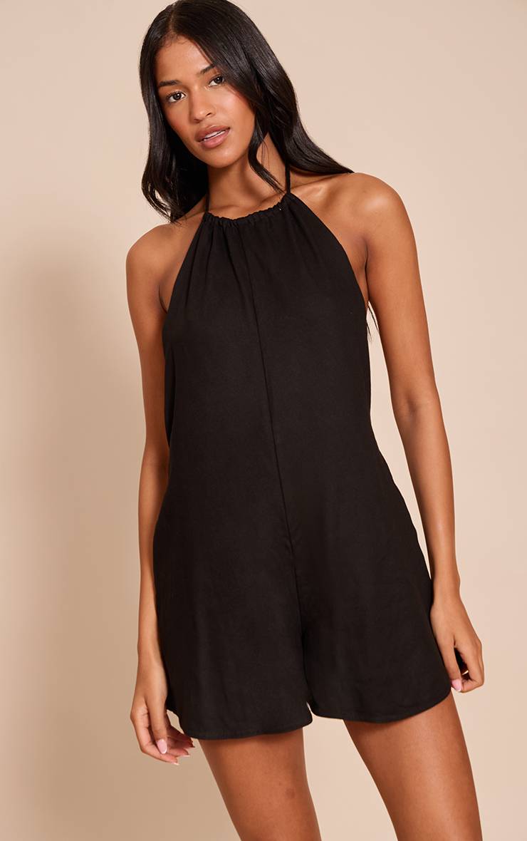 Noir Combi-short Fluide Grand Taille Col Licou Aspect Lin