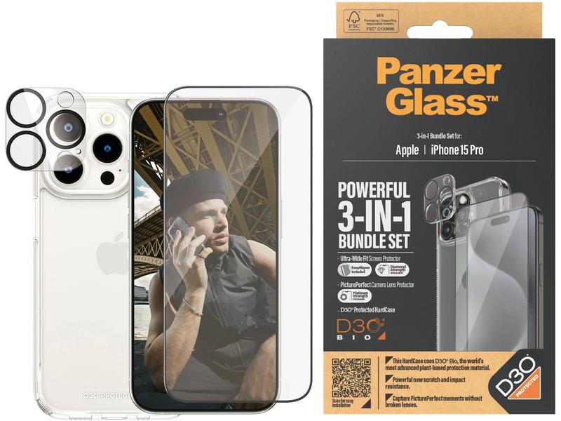 Panzerglass 3-in-1 Bundle iPhone 15 Pro 3-in-1 Set mit Bildschirmfolie, Schutzhülle und Kamera-Schutz für das Apple iPhone 15 Pro