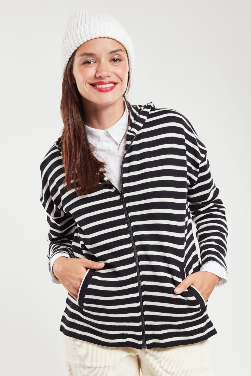 Sweat rayé à capuche - coton et laine