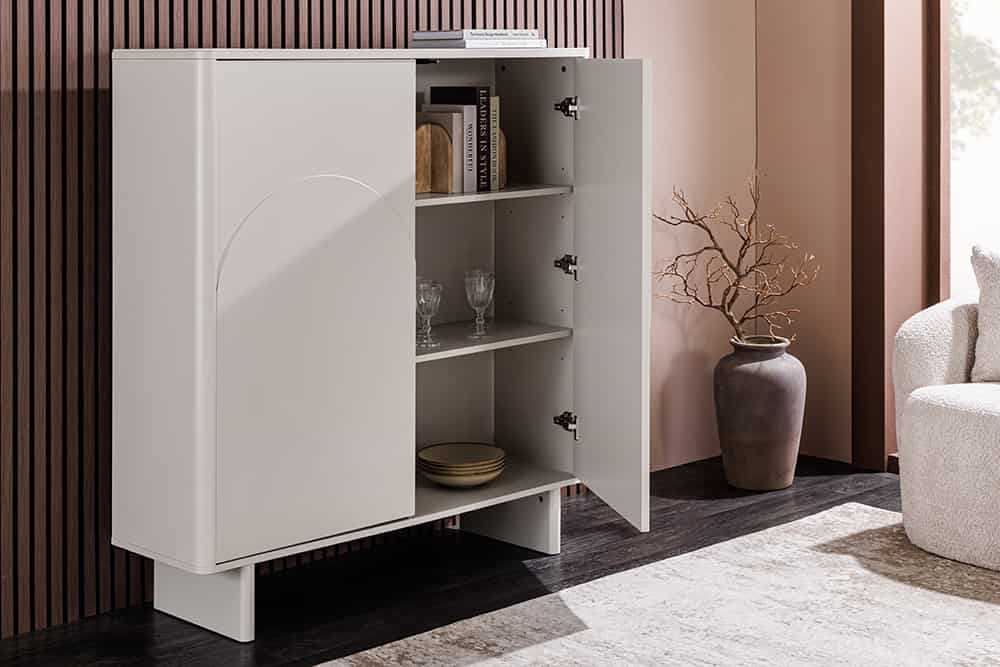 Design Highboard SAVOY 130cm kaschmir weiß Marmor Keramik mit Stauraum und 3D-Front