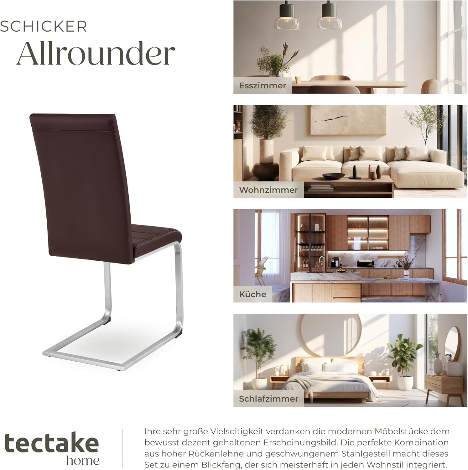tectake Freischwinger Schwingstuhl, Stuhl 6er Set, Moderne Esszimmerstühle oder Küchenstühle mit strapazierfähigem Kunstleder Bezug - braun