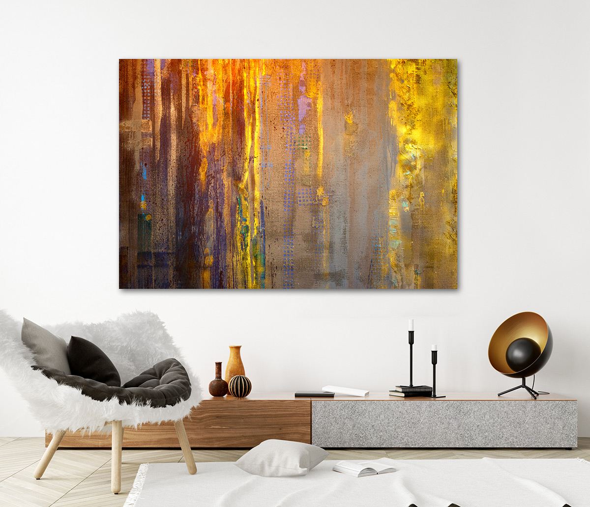 Abstract schilderij geel-goudkleurig - Canvas schilderij 80 x 60 cm