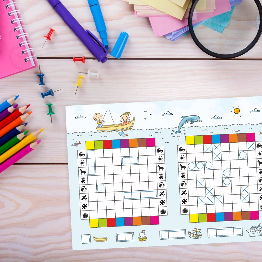 Nikima Papeterie 2er Set A5 Spielblock Schiffe versenken JUNIOR KIDS Reisespiel Flottenmanöver bunt