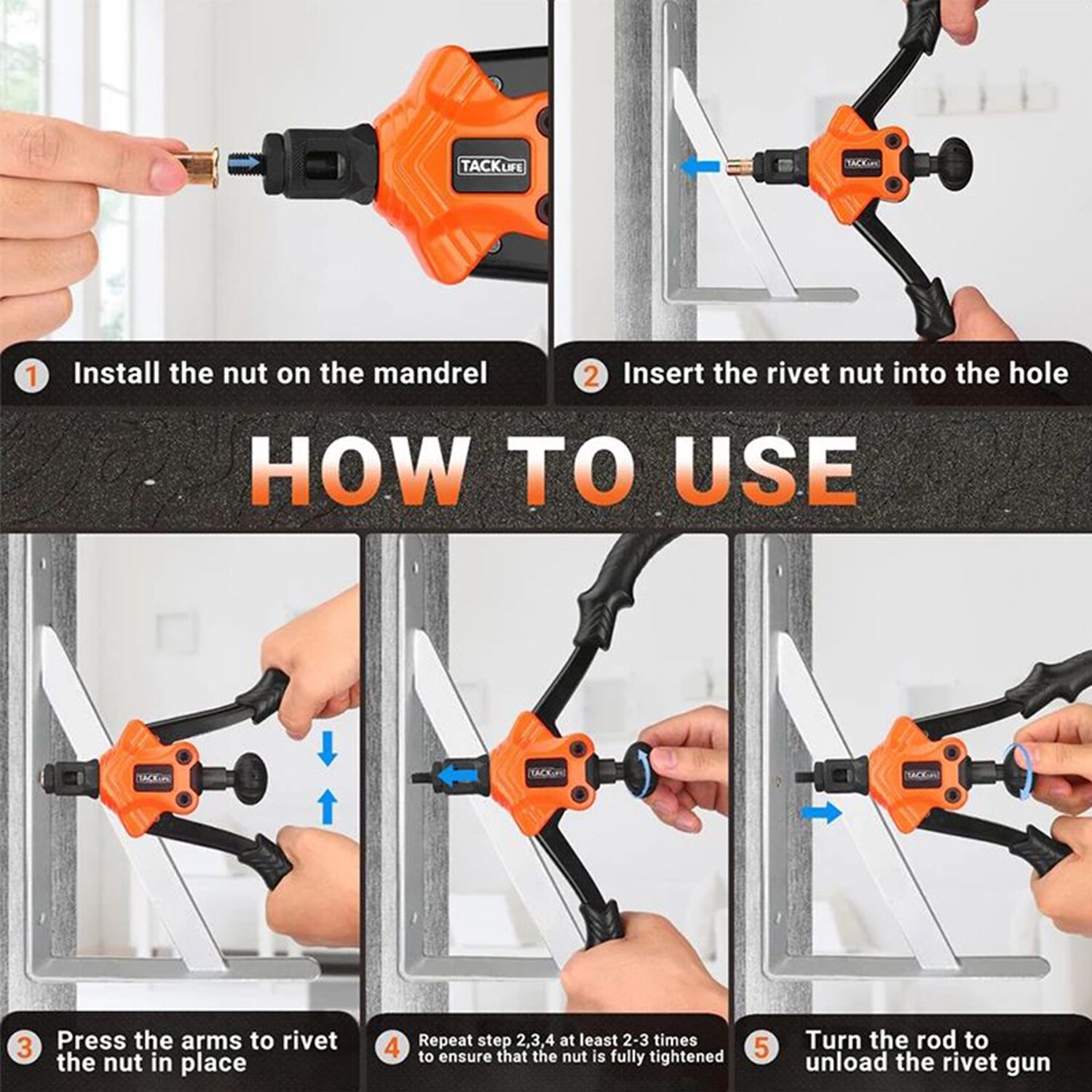 TACKLIFE HHNP2B Handnietwerkzeug Rivnut Handnietwerkzeug für Muttern M3, M4, M5, M8, M10