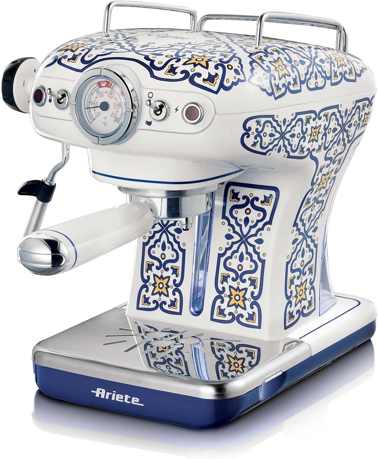 Ariete Vintage Espresso 1389, Retro Espressomaschine für Pulver oder ESE-Pads, 1-2 Tassen, Cappuccino-Düse, Edelstahl-Tassenhalter, 15 Bar, 850W, Capri