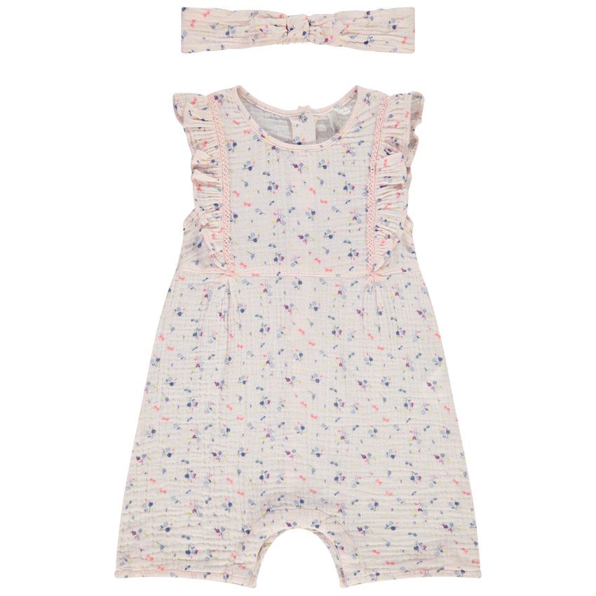 Combinaison courte + bandeau en double gaze de coton pour bébé fille - Ecru